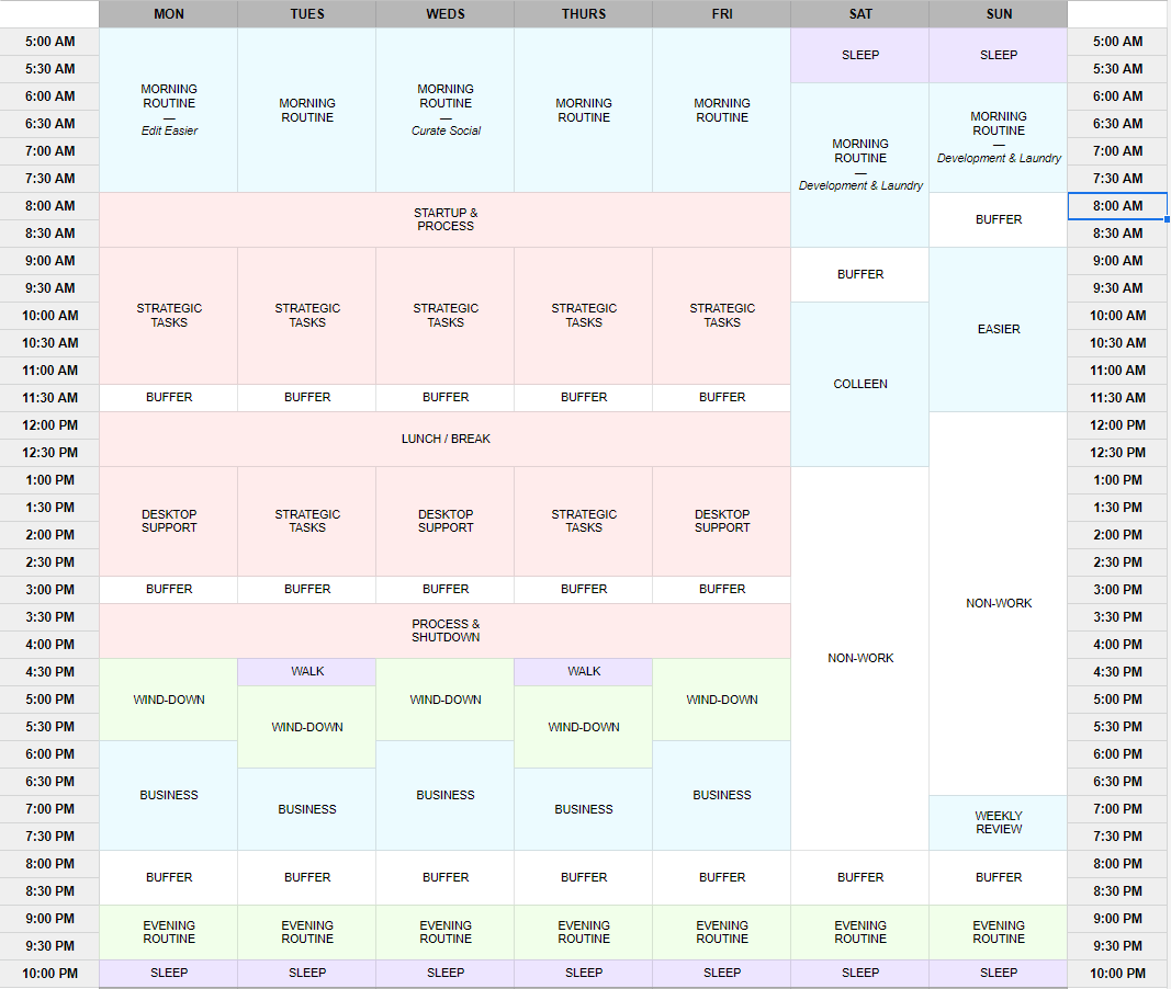 Screenshot of my weekly routine
