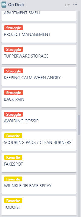 List of Struggle and Favorites topics in Trello